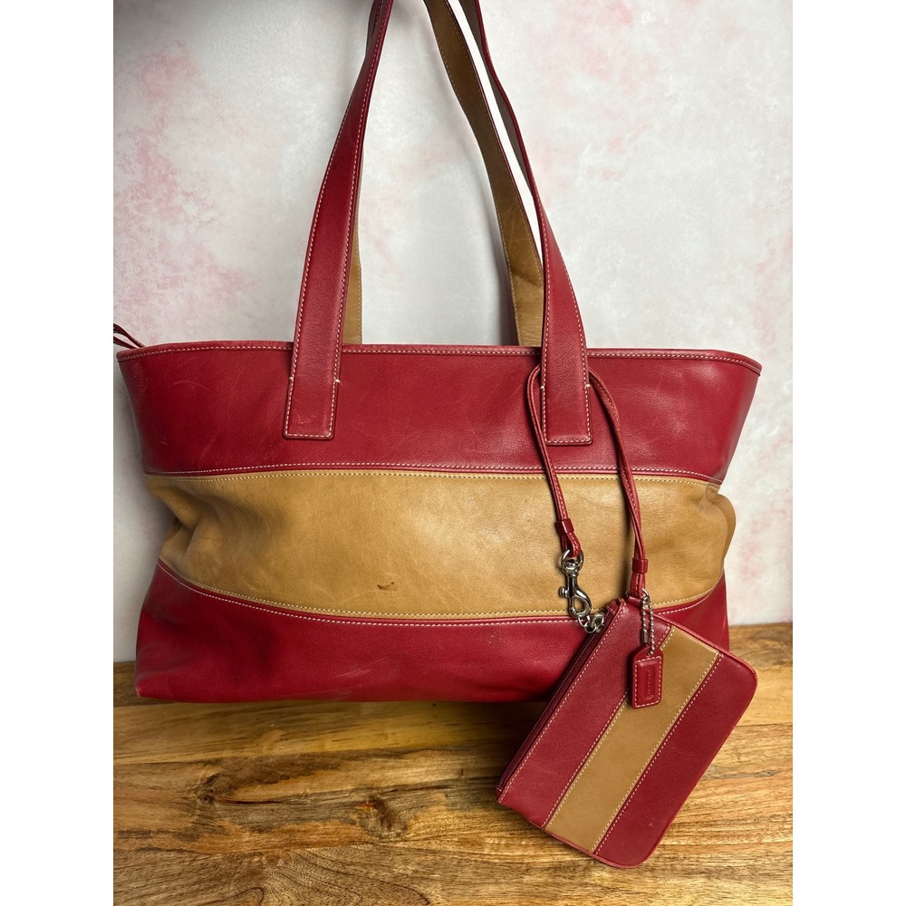 Coach Rugby Stripe Leather Tote Bag And Matching Wristlet
